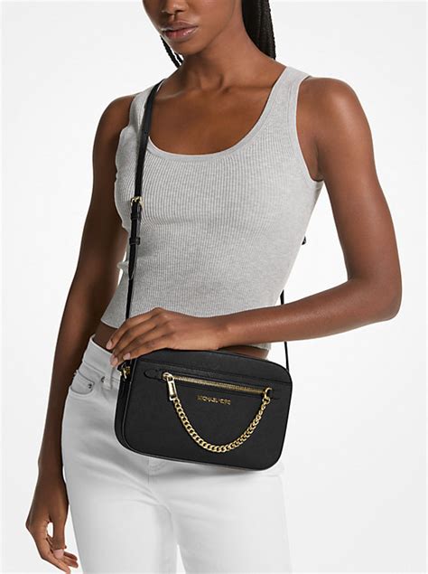 michael kors jet set saffiano large white zip around purse|saffiano leather crossbody bag.